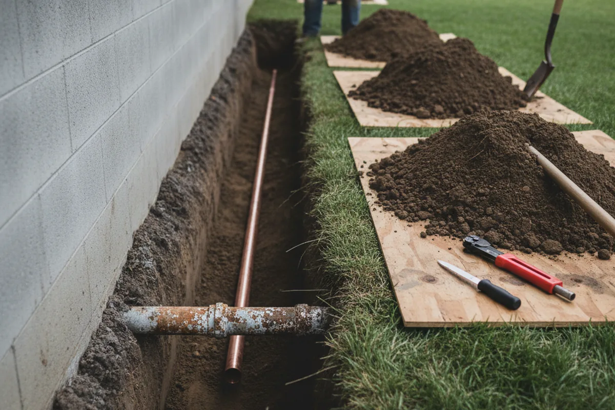 Excavated water line trench during Water Softener Installation in Stratham